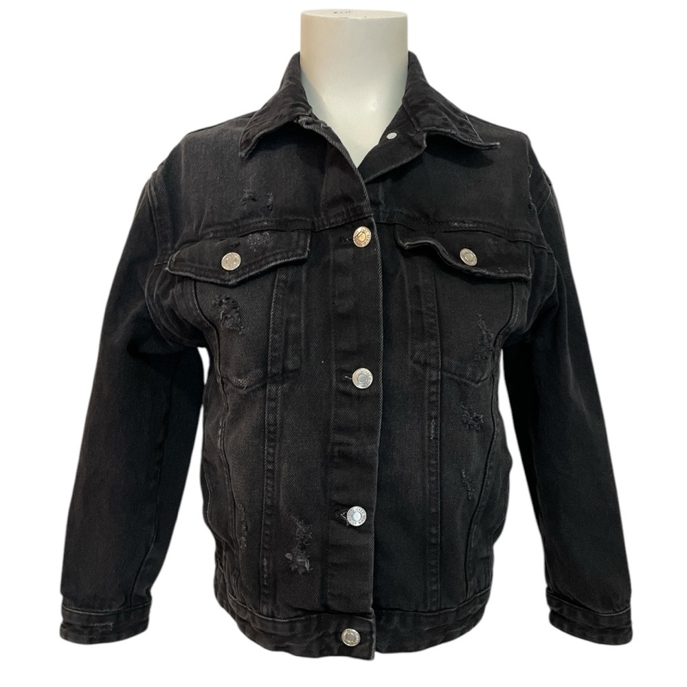 Zara Kids Black Distressed Denim Jacket 11-12yr 152cm Spring Fall Button Down